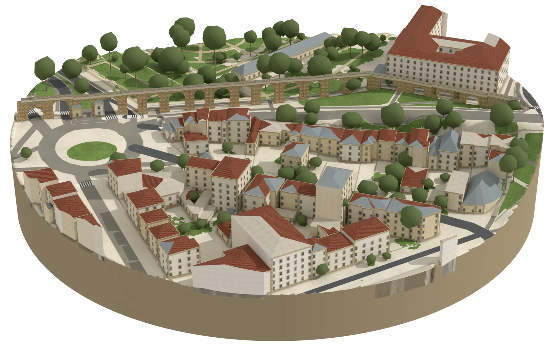 Reconstituição do Aqueduto de São Sebastião, vista de nordeste: a arcaria atravessa a maqueta à frente do Jardim Botânico, com o Largo João Paulo II à esquerda e as casas da Alta em primeiro plano.