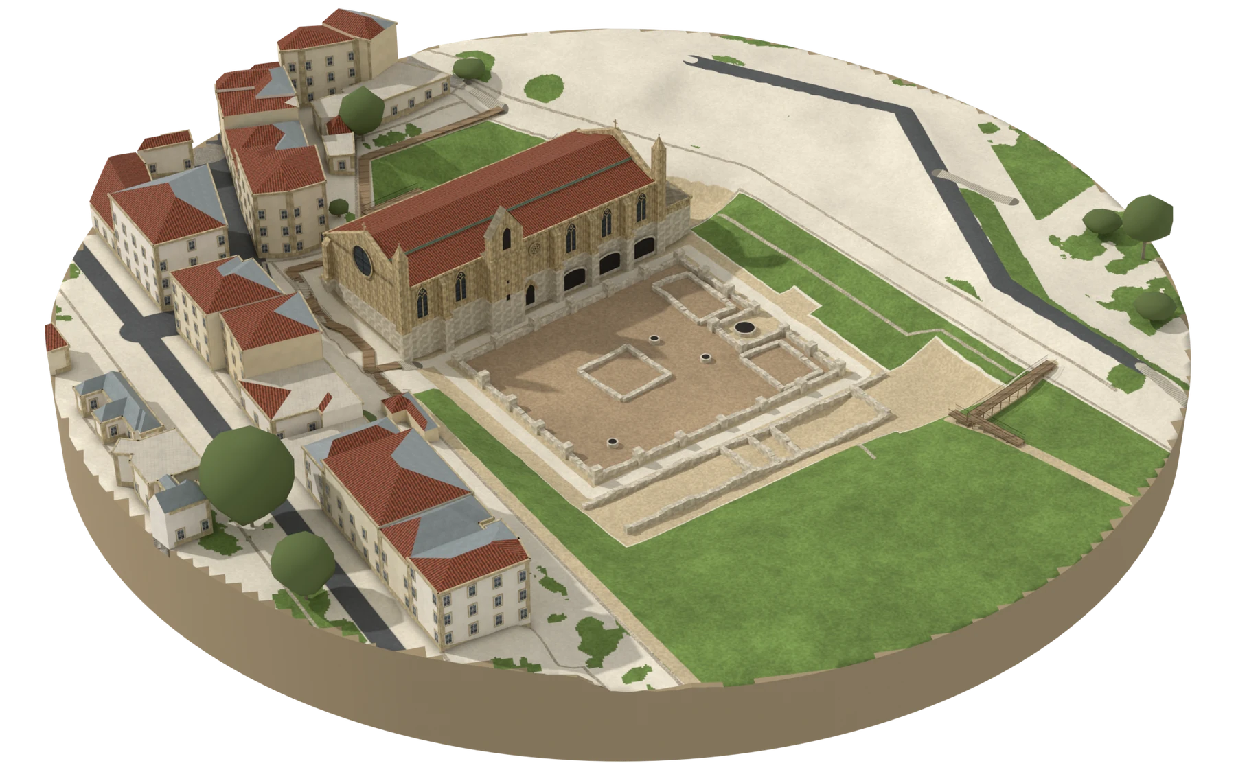 Reconstituição do Mosteiro de Santa Clara-a-Velha, vista de sudoeste: a igreja gótica no fundo da cova escavada, com o campanário na fachada sul e a rosácea na empena poente; à frente, as ruínas do claustro.